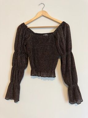 Anthropologie Smocked Off-Shoulder Peasant Top in Dark Brown